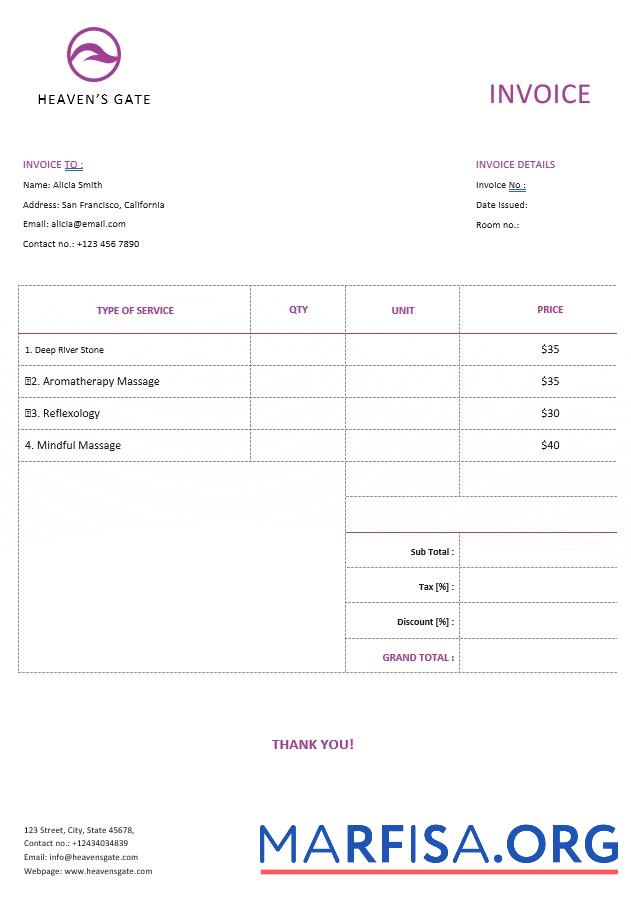 Realistic Free Massage Invoice Template